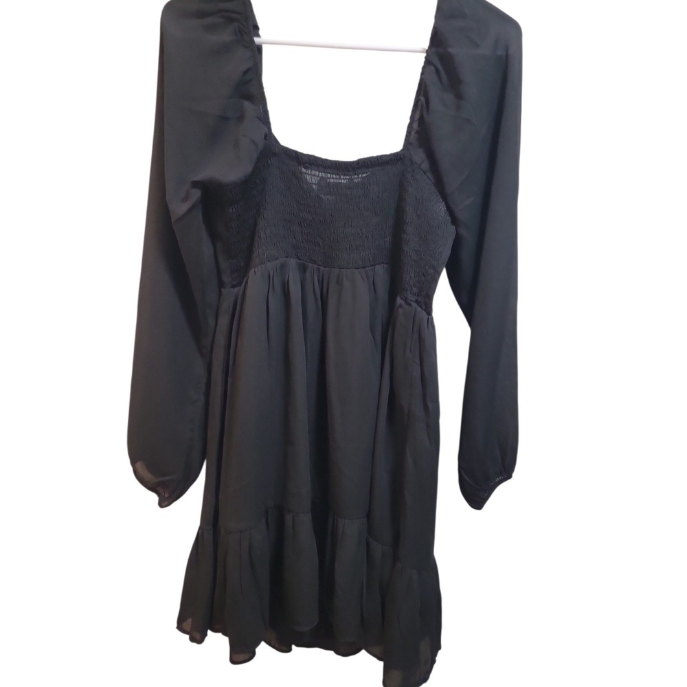 Abercrombie & Fitch Black Square Neck Smocked Puff Sleeve Ruffle Mini Dress M - Picture 5 of 5